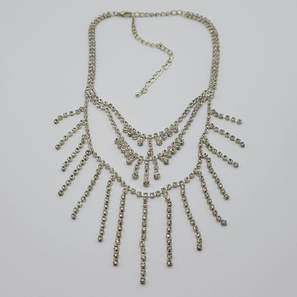 Silver Tone Clear Crystal Layered Tassel Tennis Necklace 13-18 In - Picture 1 of 7
